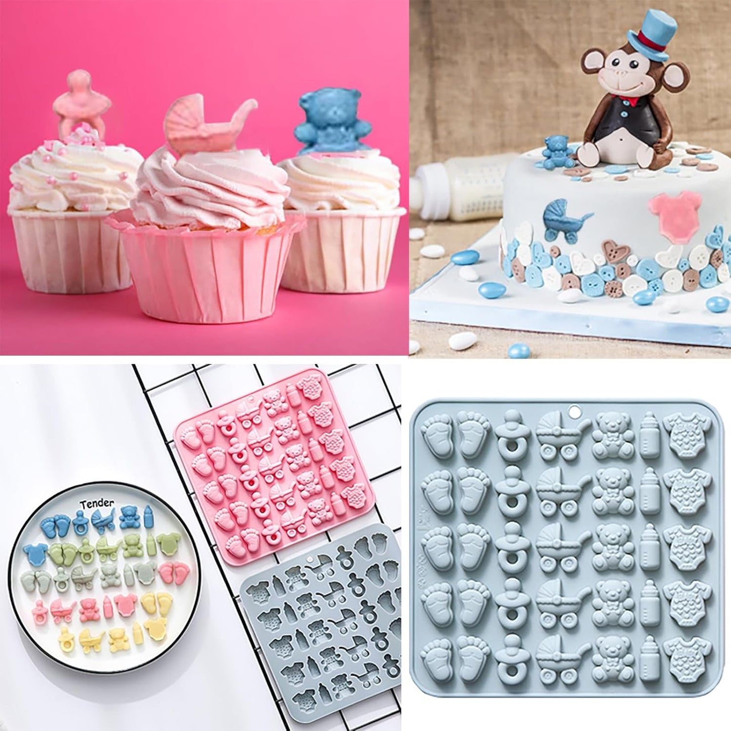 Baby Chocolate Mold Set Silicone Baking Molds with Footprint, Stroller, Reusable for Newborn Cakes, Diaper Party Treats Baby Favors - 2 Pack