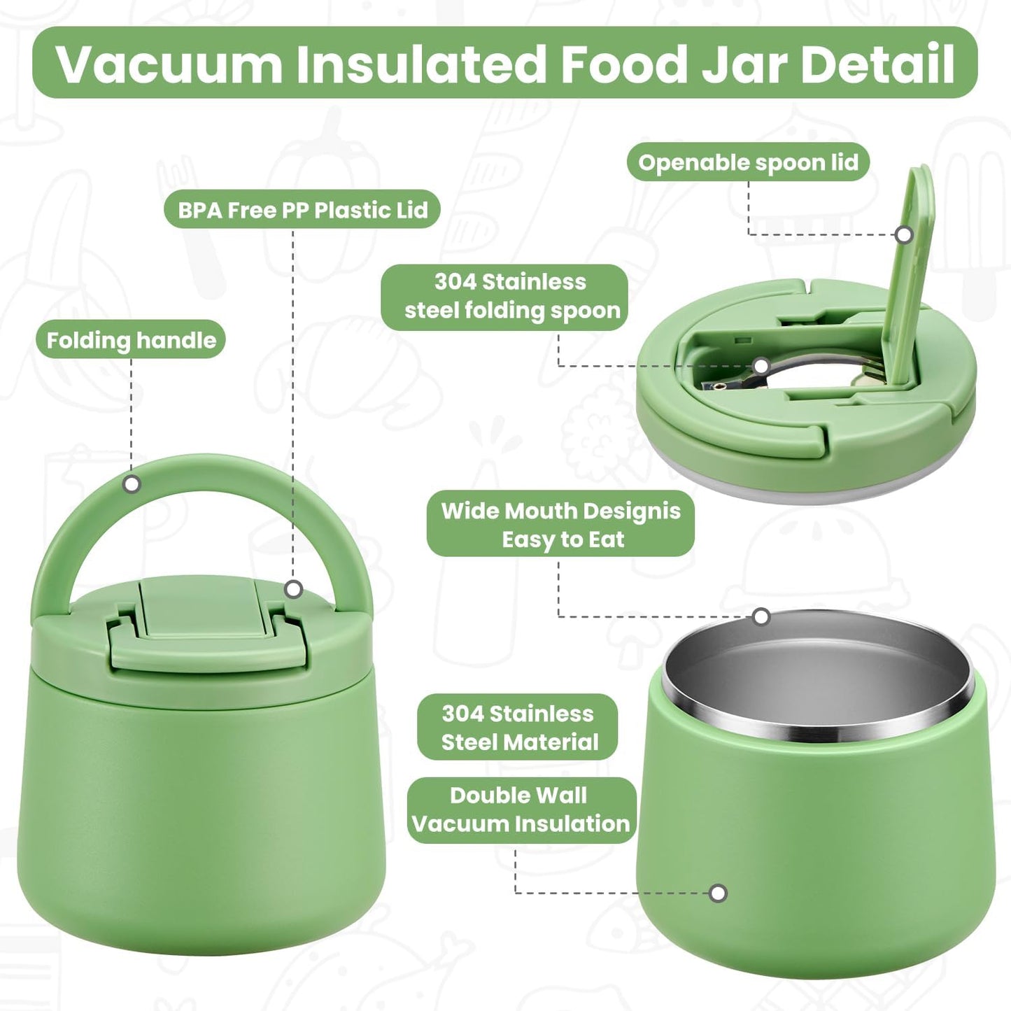 14oz Insulated Vacuum Food Jar with Buckle Lid,Soup Thermo for Hot Food Kids,Wide Mouth Leakproof Stainless Steel Lunch Container with Spoon-Green