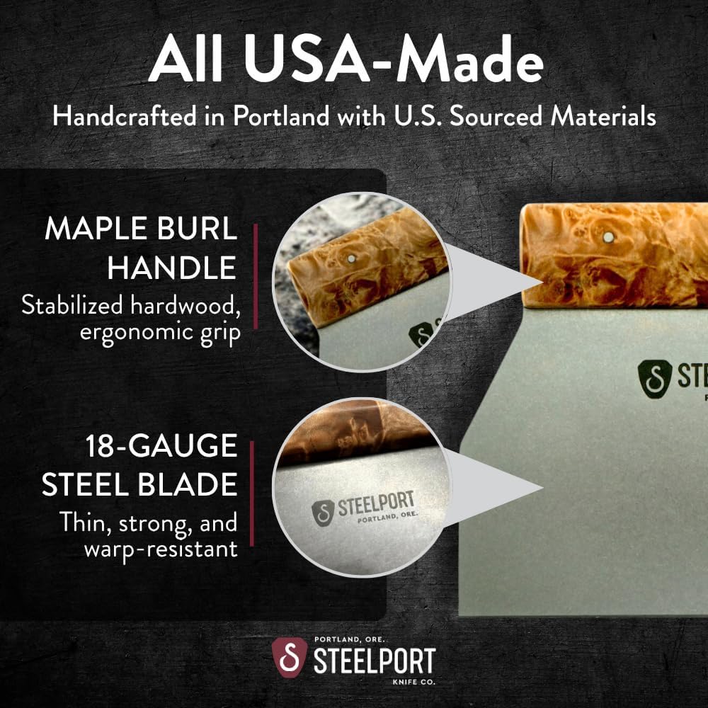 STEELPORT Bench Scraper | USA Made Premium Stainless Steel Dough Cutter & Shaper | Ideal as Bread, Pizza, Pastry Cutter | 18 Gauge Steel Blade, Tapered Oregon Maple Burl Handle | Home & Commercial Use