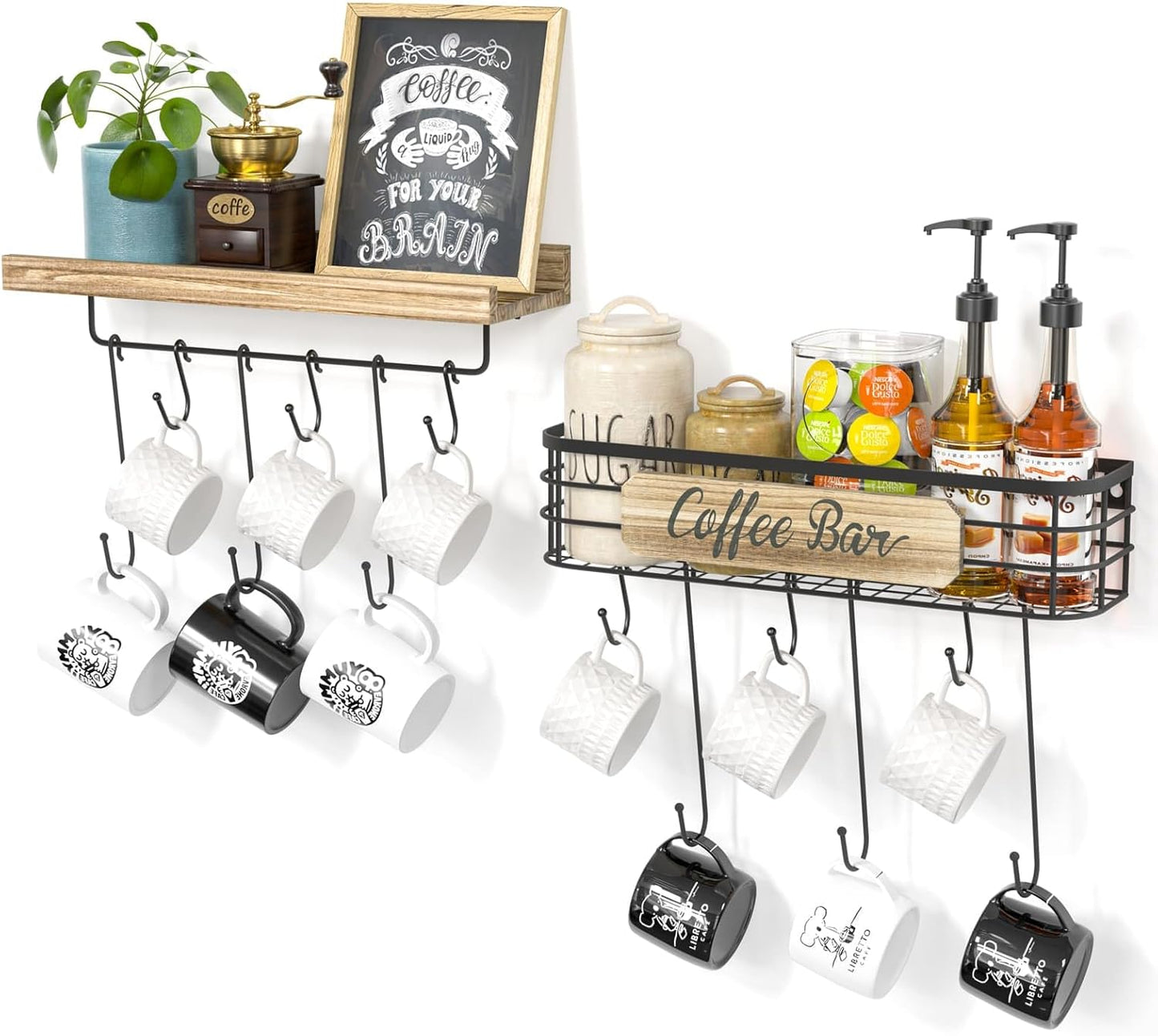 Floating Mug Racks 2 Pack - Wall Mounted Coffee Cup Holder with 12 Hooks, Mug Organizer for Kitchen, Farmhouse Coffee Bar Decor