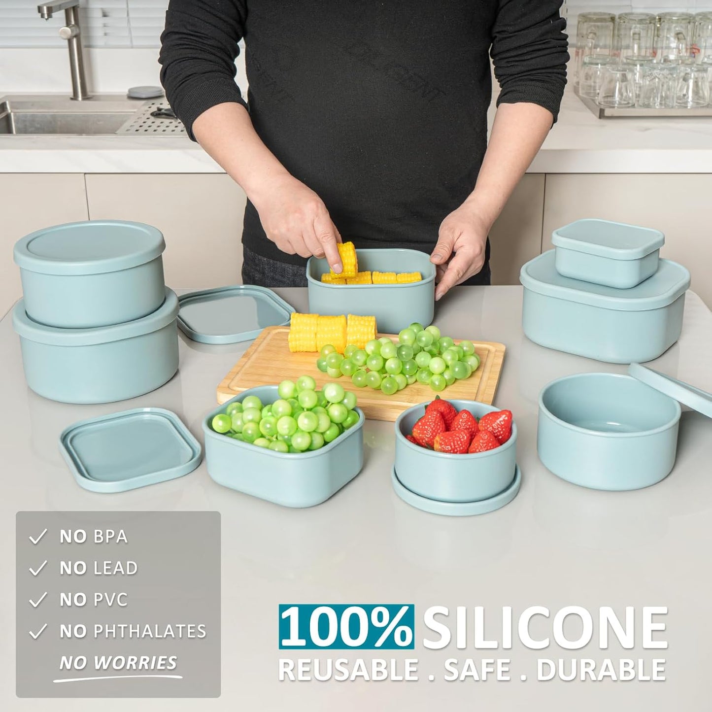 100% Silicone Food Storage Containers with Lids, 8 Pack, 10oz to 51oz, Reusable Leakproof Nesting & Stackable Silicone Bento Lunch Box, Microwave Freezer Dishwasher Oven Safe, BPA Free, Slate Green