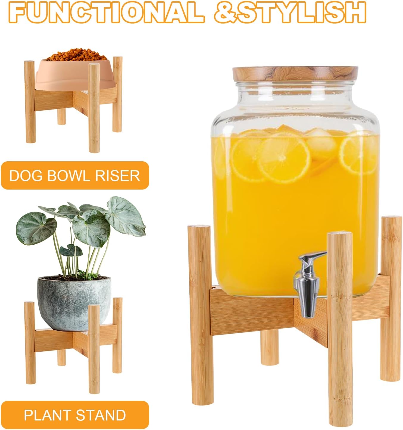 Bamboo Drink Dispenser Stand Adjustable Sideways to Fit 8-11 Inch Glass and Plastic Water Dispensers, Water Dispenser Holder for 1-2 Gallons Drinks Beverages Lemonades and Juices Jug Container