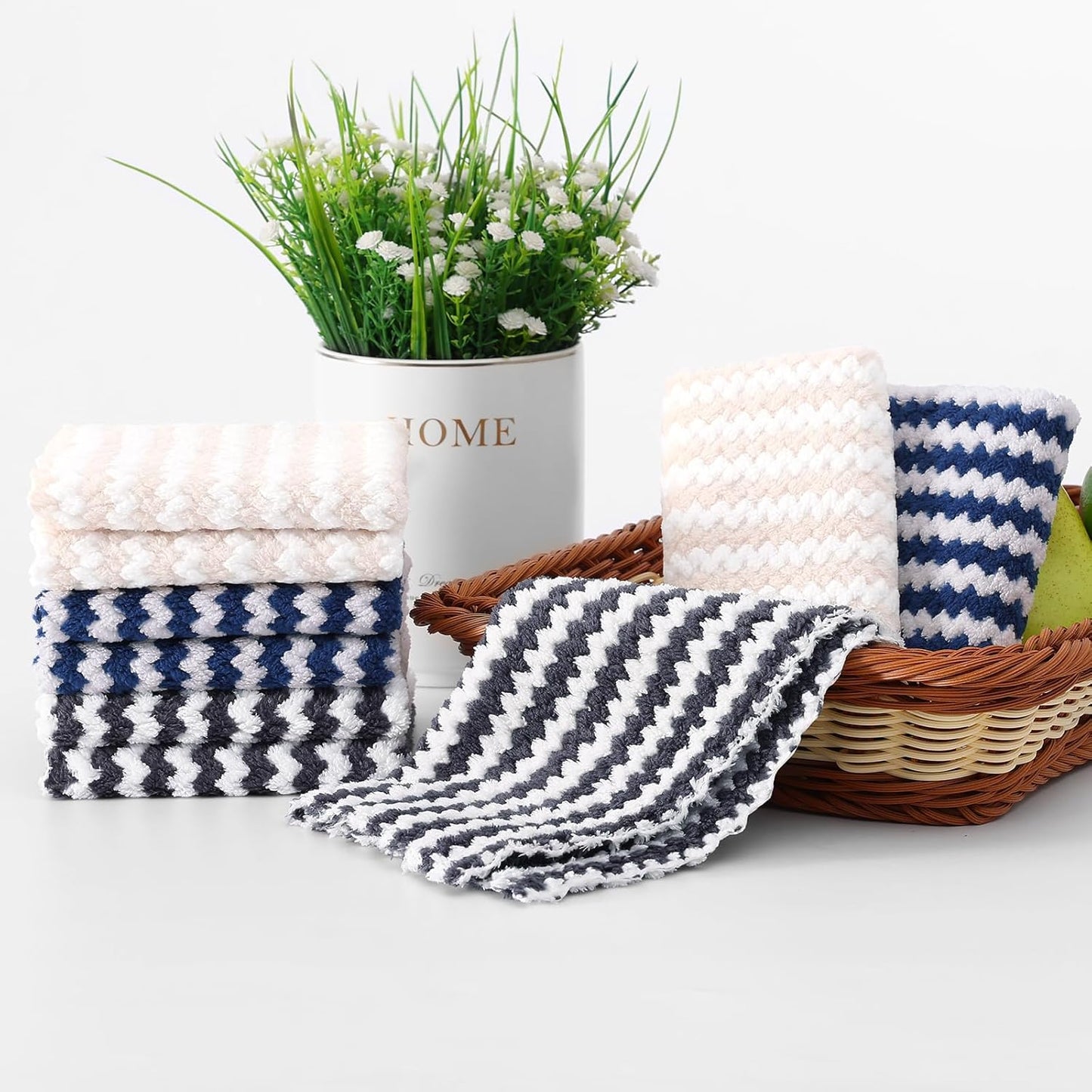 Homaxy 18 Pack Kitchen Dish Cloths, Ultra Soft and Absorbent Dish Towels, Reusable Fast Drying Microfiber Cleaning Cloth, Coral Velvet Wave Design No-lint, 10 x 10 inches, Dark Grey/Navy Blue/Beige