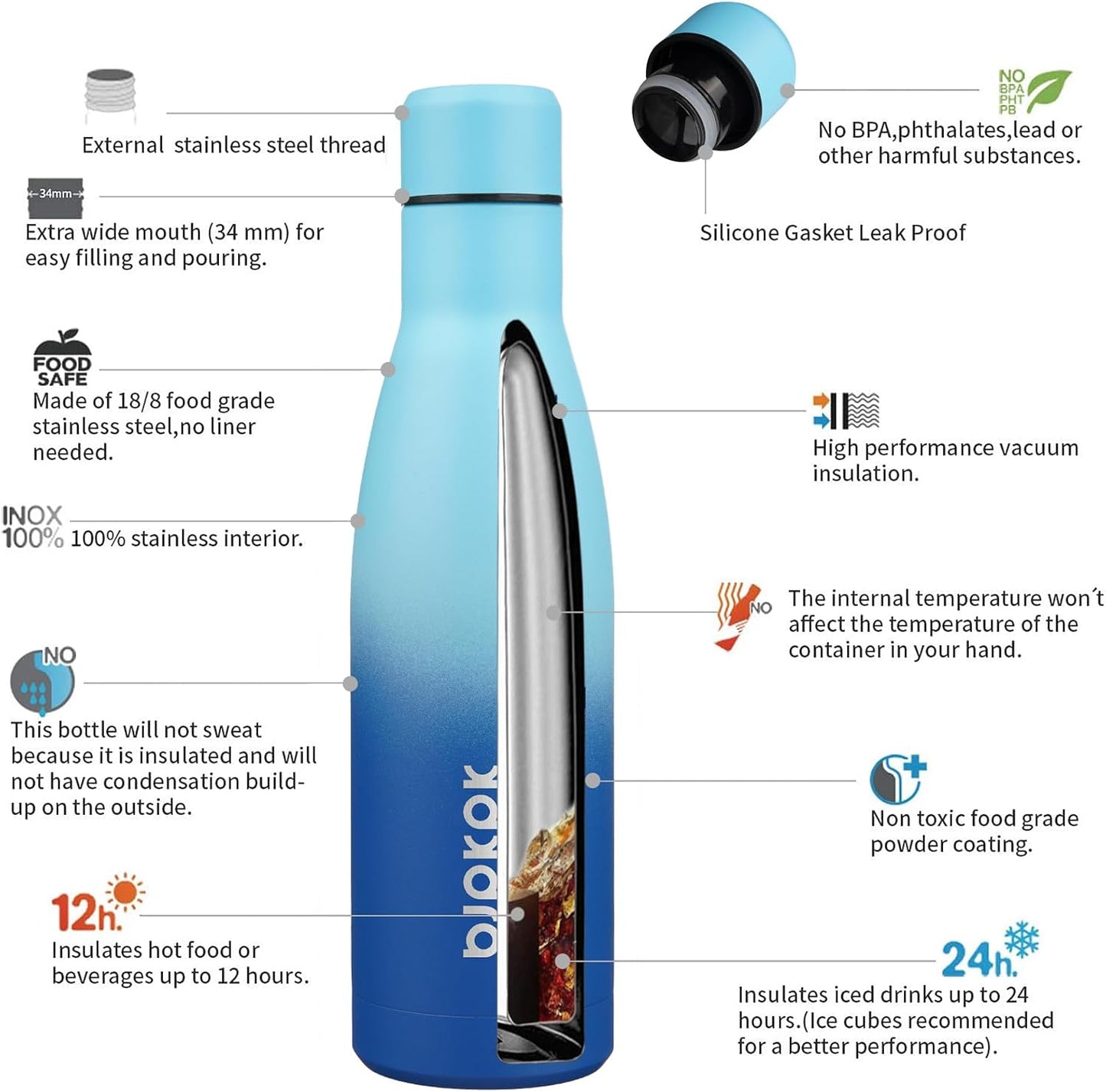 BJPKPK 17oz Insulated Water Bottles Stainless Steel Sports Water Bottles Keep Cold and Hot for Travel Dishwasher Safe,Sky