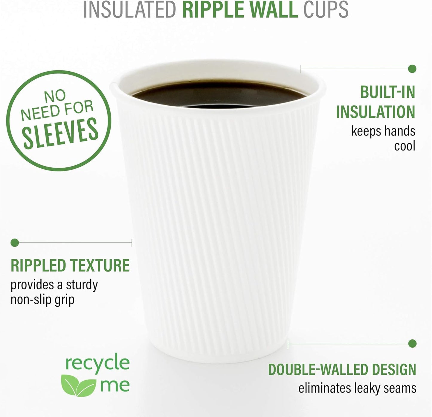 Restaurantware 16 Ounce Ripple Wall Disposable Coffee Cups, 500 Insulated White Paper Tumblers with Rolled Rim Design, Lids Sold Separately for Hot Drinks like Tea, Hot Chocolate and More