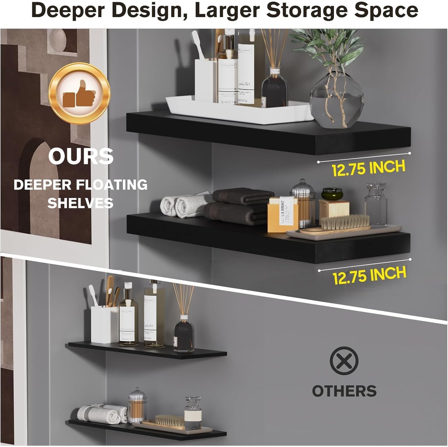 Floating Shelf, Set of 3 Wall Shelf, 36 in W x 12.75 in D x 2 in H Wooden Floating Wall Shelf with Invisible Brackets for Living Room/Bedroom/Bathroom/Kitchen Storage and Decor, Black