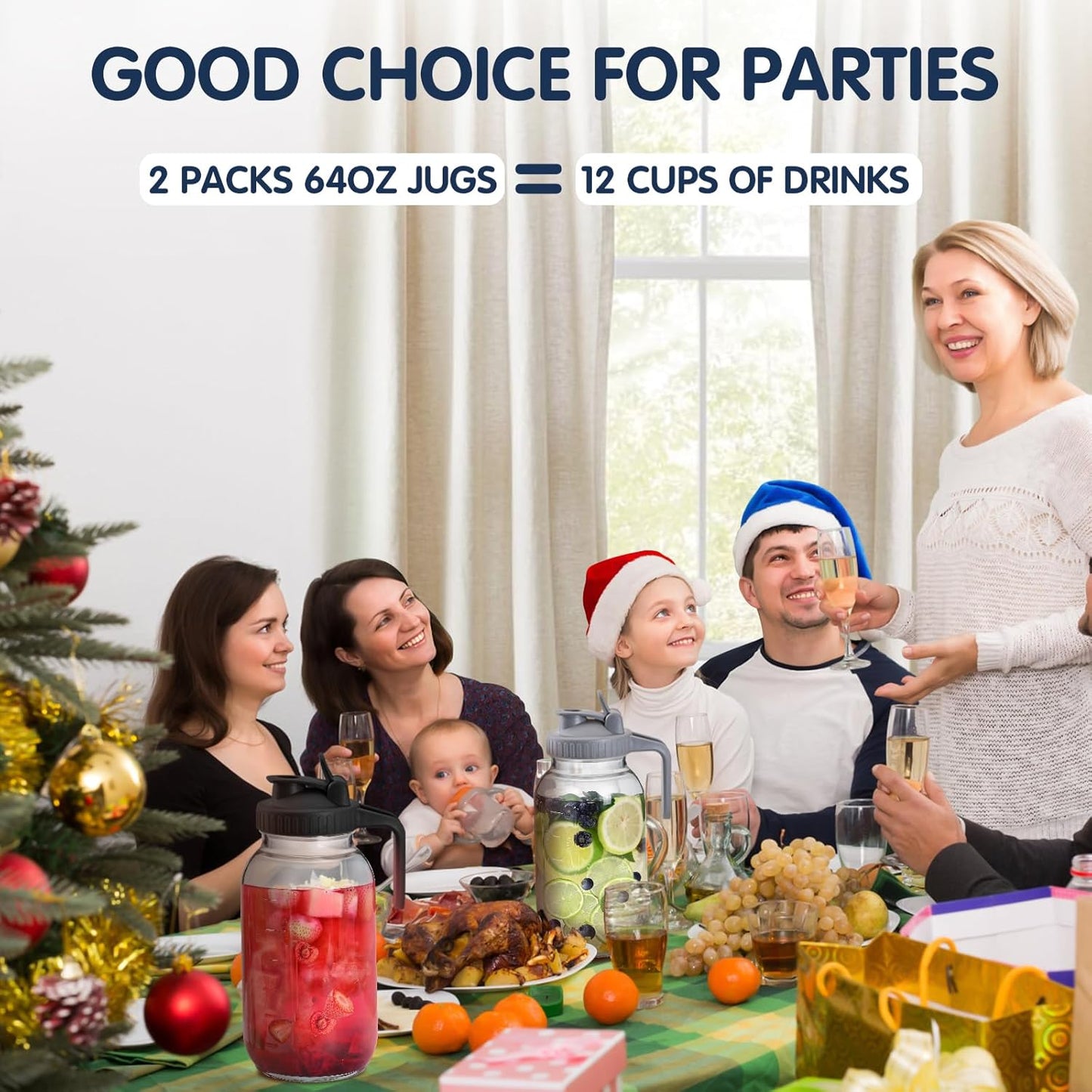 3 Packs 64OZ Glass Pitcher with Lid, Wide Mouth Mason Jar Water Jug, Leak-Proof Airtight Mason Jar for Cold Brew Coffee, Iced tea, Milk, Food Storage, Sun Tea