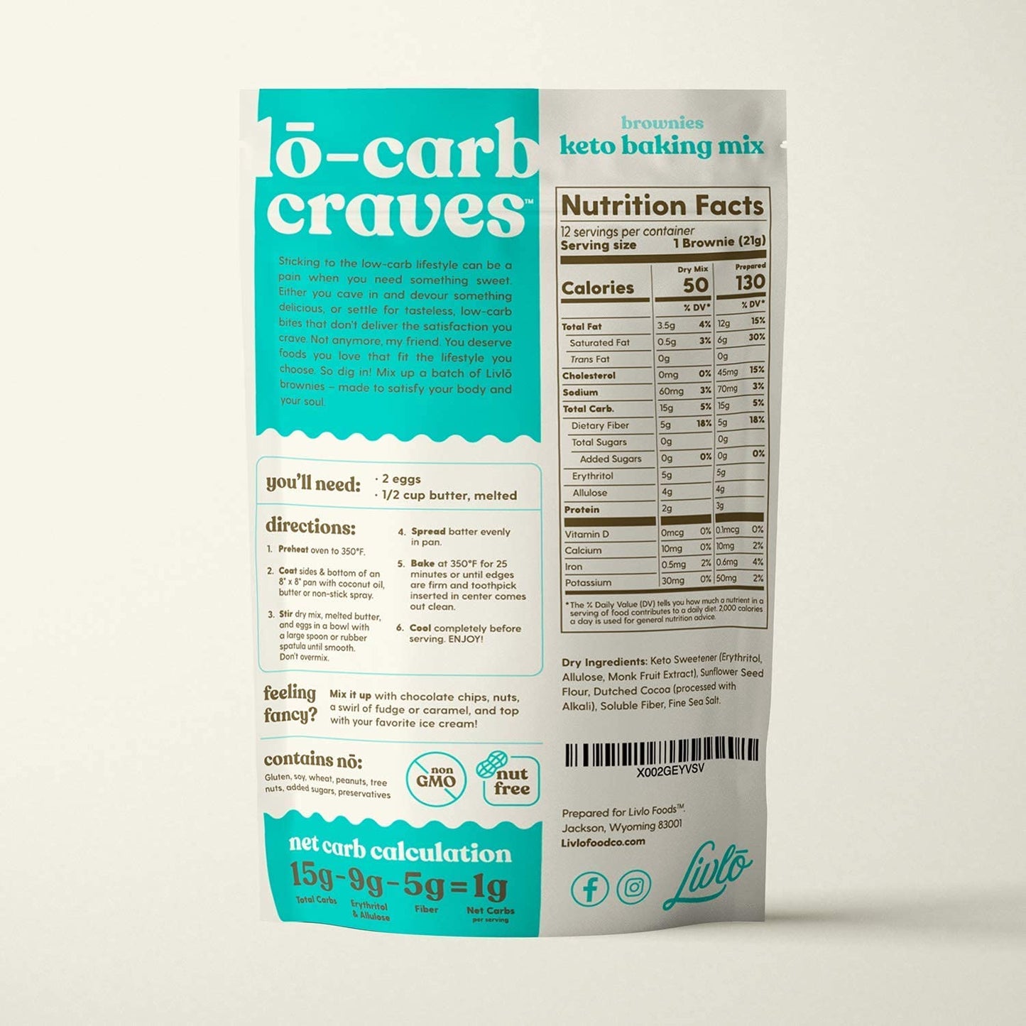 Livlo Keto Brownie Baking Mix - Just 1g Net Carb - Sugar & Gluten Free Keto Desserts, Sweets & Treats - Low Carb, Nut Free, Diabetic Friendly Snack - Fast, Delicious and Easy to Make - 12 servings