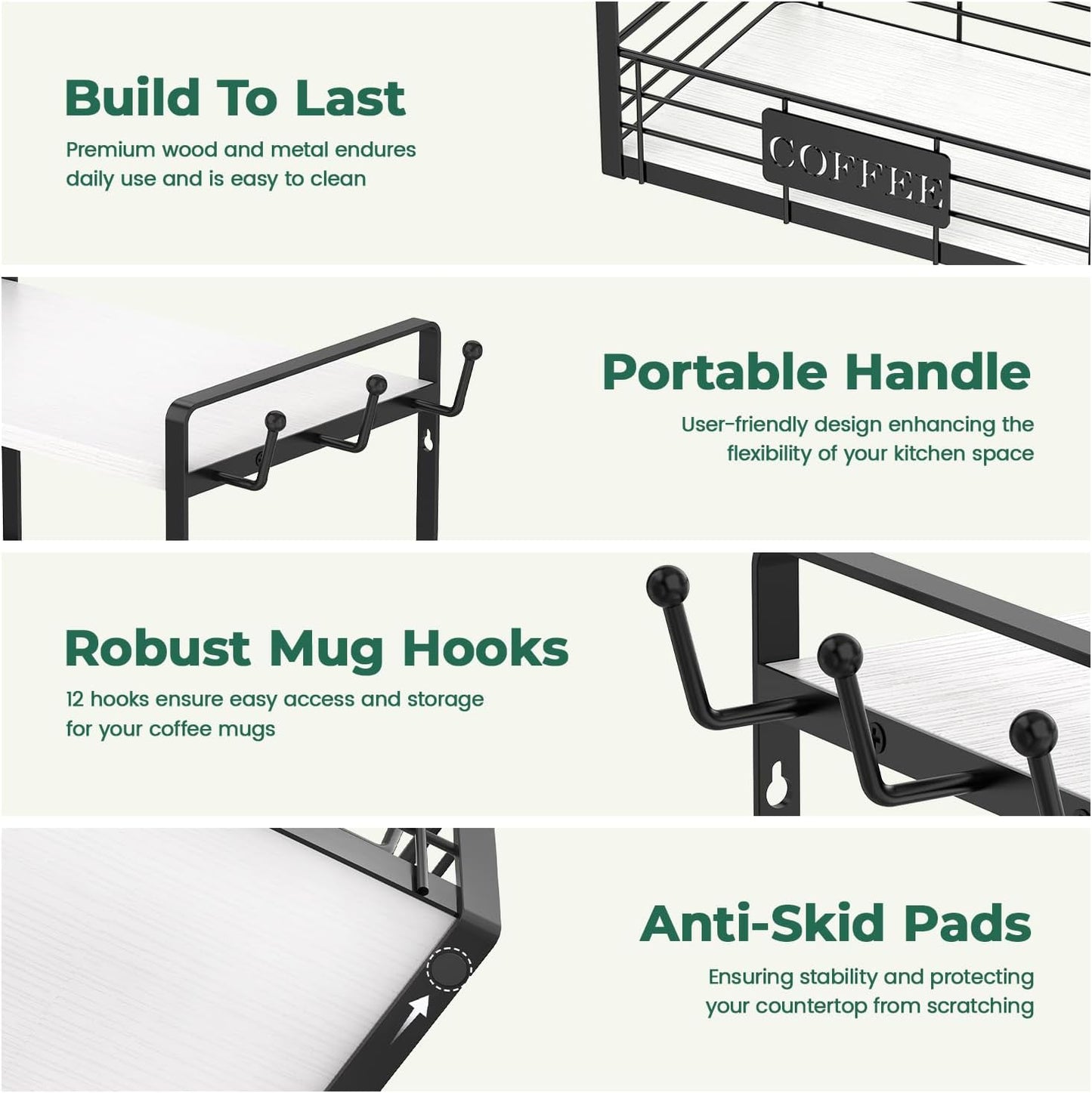 EsLuker.ly Coffee Mug Cup Holder Stand Bar Station Organizer for Countertop, Multi-Functional 2 Tier Mug Tree Rack for Kitchen, Storage Shelf with 12 Hooks, White-Black(Patented Design)