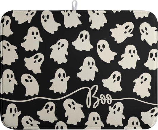 Halloween Ghosts Dish Drying Mat Black and White Large Kitchen Mats Dish Drying Pad Absorbent Dish Dryer Mat for Kitchen Countertops Microfiber Drainer Pad Dish Drying Mats (18x24 in)