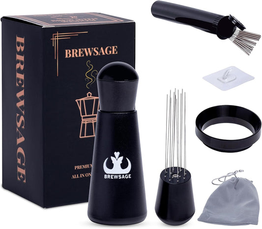 Espresso Accessories Kit – WDT Distribution Tool & 58mm Espresso Dosing Funnel for Baristas – 0.35mm Needle Stirrer with Extra Replaceable Needles, Handle & Storage Pouch