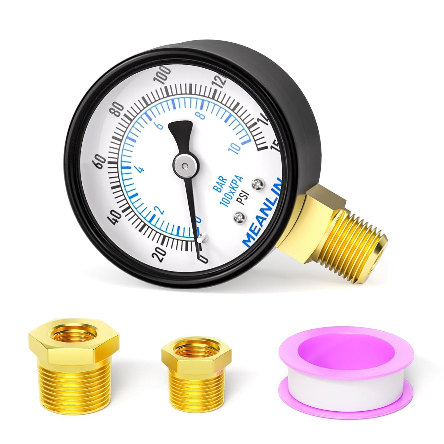 MEANLIN MEASURE 0-150Psi 2" DIAL FACE 1/4" NPT Well Pump Pressure Gauge, with 1/2" NPT and 3/8" NPT Hex Bushing, 3-2-3% Accuracy, Lower Mount