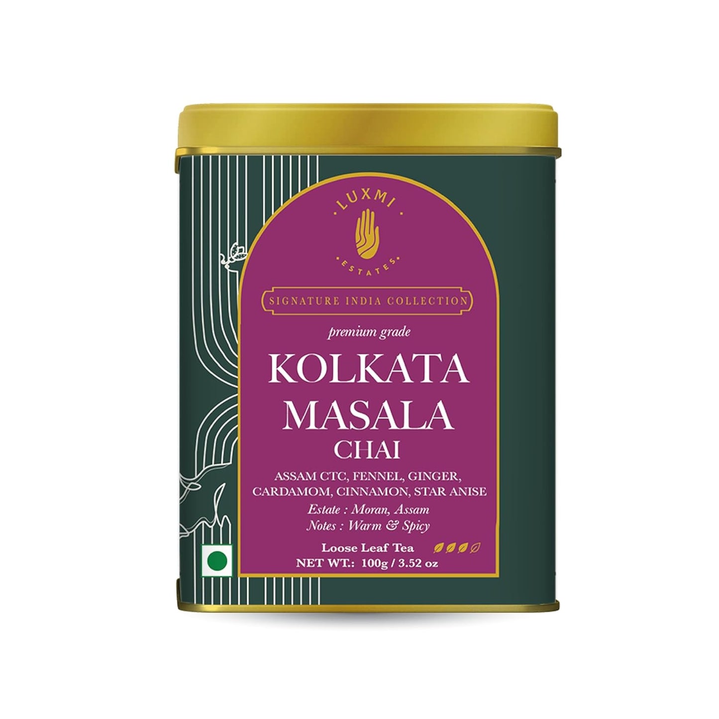 Luxmi Estates Kolkata Masala Chai | 100 gm | Signature India Collection | Assam CTC Tea | Black tea collection | Organic Strong tea | Antioxidants | Assam Valley tea | Fennel, Ginger Tea, Cardamom, Cinnamon, Star Anise