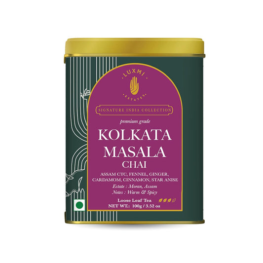 Luxmi Estates Kolkata Masala Chai | 100 gm | Signature India Collection | Assam CTC Tea | Black tea collection | Organic Strong tea | Antioxidants | Assam Valley tea | Fennel, Ginger Tea, Cardamom, Cinnamon, Star Anise