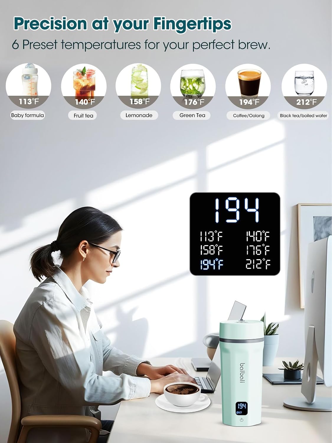 balbali 18.6oz Portable Kettle for Travel 100-250V Dual Voltage for International/Global/Europe - 6 Preset Travel Electric Kettle Hot Water Boiler/Heater/Warmer/Tea Maker - Green