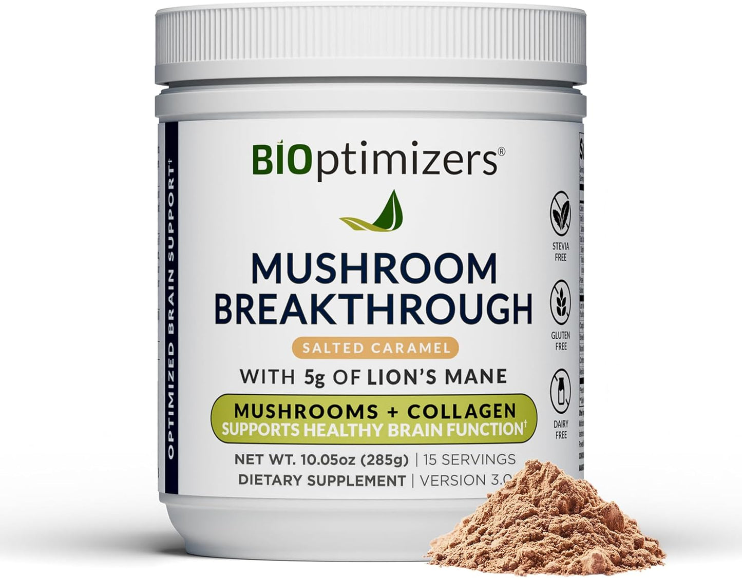 BIOptimizers Mushroom Coffee Alternative – Salted Caramel Drink – Lion’s Mane, Chaga, Reishi + Collagen Peptides for Focus, Energy & Gut Health – Adaptogenic Mushrooms & MCT Powder – 15 Servings