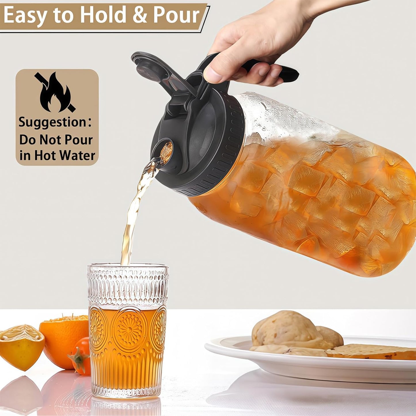 32oz Glass Pitcher with Handle and Lid, 1 Quart Mason Jar Pitcher - Airtight & Leakproof Water Jug with Pour Spout Lid, Glass Containers for Fridge, Perfect for Juice, Cold Brew, Iced & Sun Tea