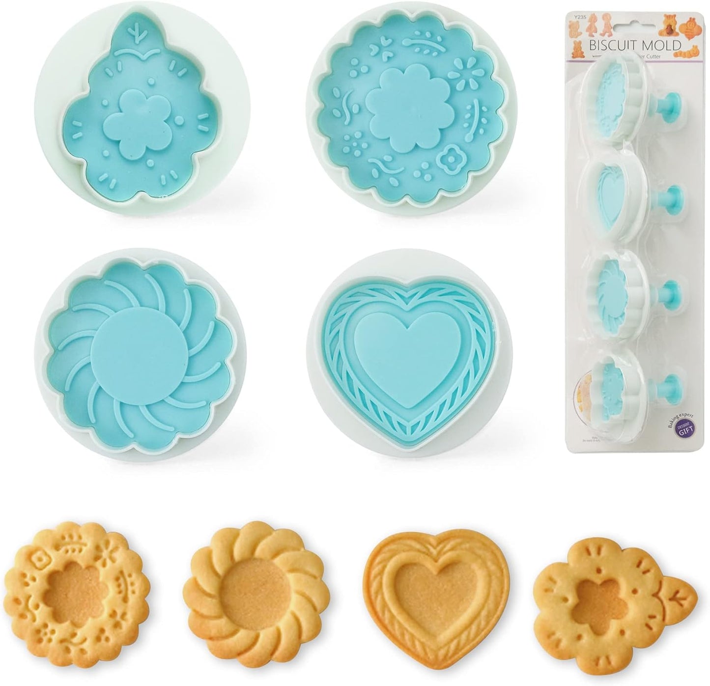 Cookie Stamps Set of 4, Cookie Press Mold, Decorating Supplies for DIY Baking, Cake, Pastry, Easy to Use-Flower Heart