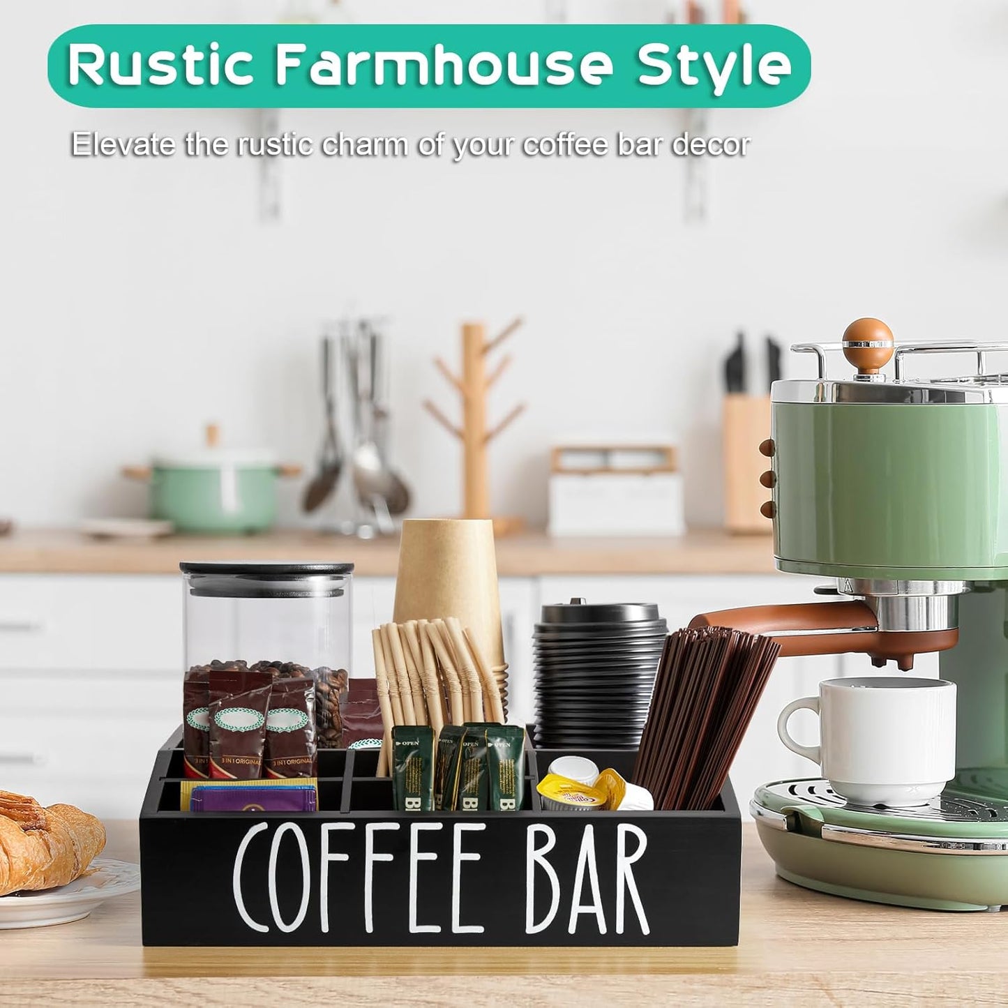 ALELION Coffee Station Organizer for Countertop - 7 Compartments Coffee Bar Accessories and Organizer with Removable Dividers - Black Coffee and Tea Condiment Organizer