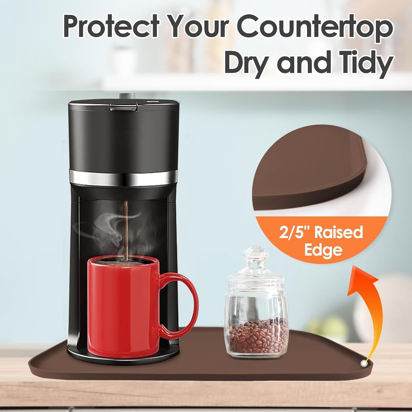 Silicone Coffee Maker Mat with Lip, 17.4'' x 10.6'' Heavy Duty Coffee Maker Mat for Countertops, Coffee Tray Fit Under Coffee Machine Appliance Automatic Machines Espresso Accessory, Brown