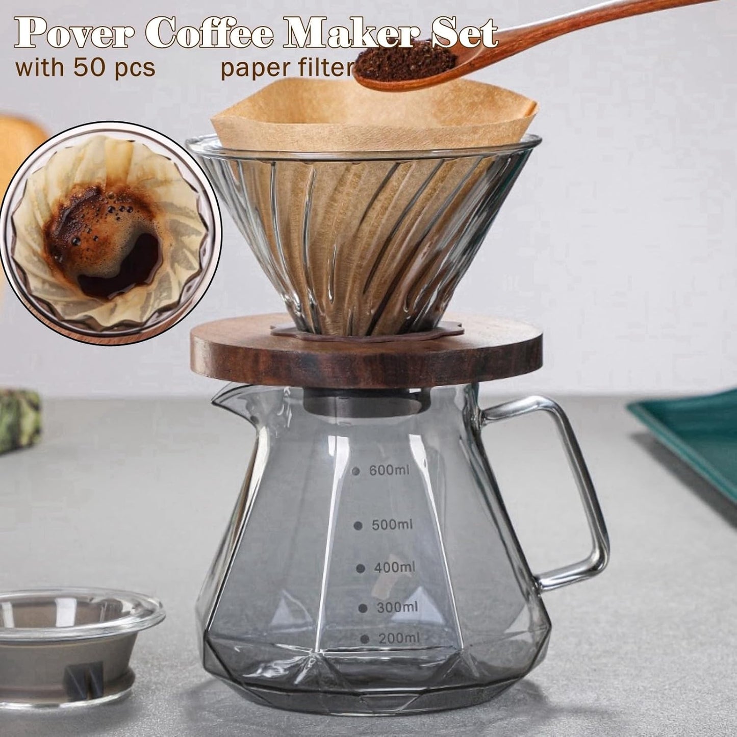 Pour Over Coffee Maker Set 20 oz, 600 ml Borosilicate Glass Coffee Server with Glass Lid, 50 pcs Paper Filter, Walnut Handle Pour Over Coffee Dripper for Home Café Restaurant,Gray