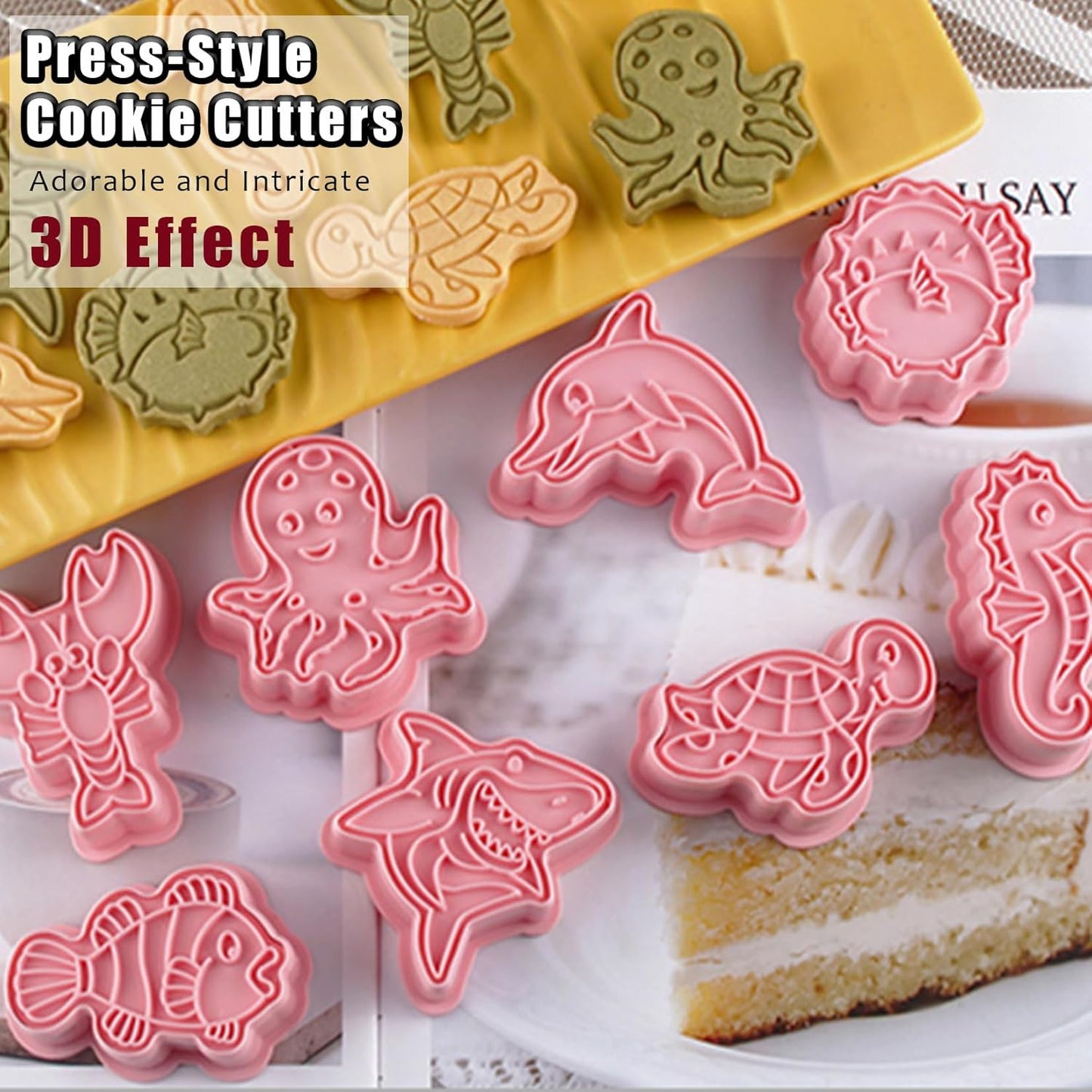 8 Pcs Ocean Cookie Cutters Set Baking Molds 3D Ocean Press type Cookie Cutter for Baking, Fondant, Cheese, and Pastries