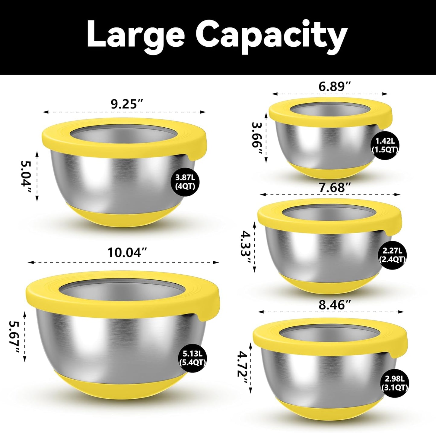 Stainless Steel Mixing Bowls with Lids – Set of 5 Large Nesting Metal Bowls for Kitchen, Baking, Cooking, Food Prep & Storage, Non-Slip Base, Dishwasher Safe,Yellow