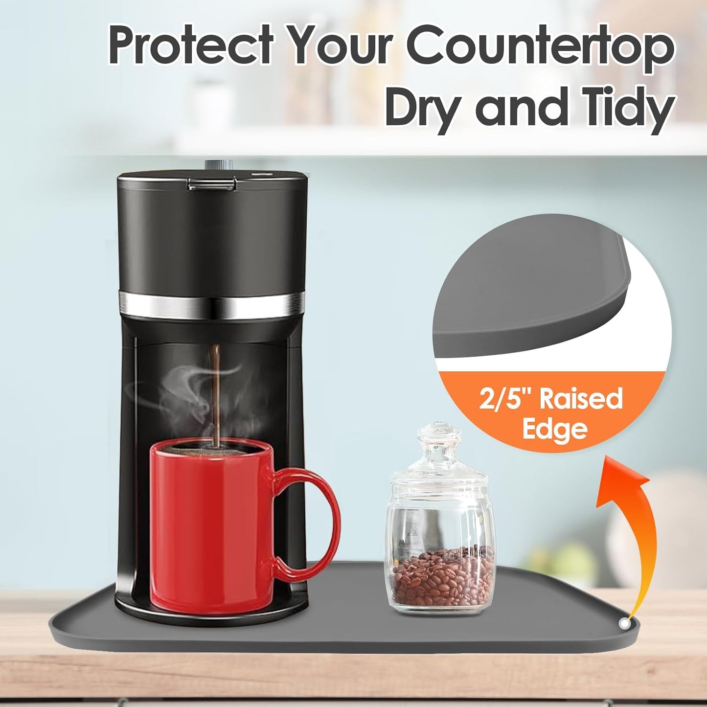 Silicone Coffee Maker Mat with Lip, 24'' x 16'' Heavy Duty Coffee Maker Mat for Countertops, Coffee Tray Fit Under Coffee Machine Appliance Automatic Machines Espresso Accessory, Grey