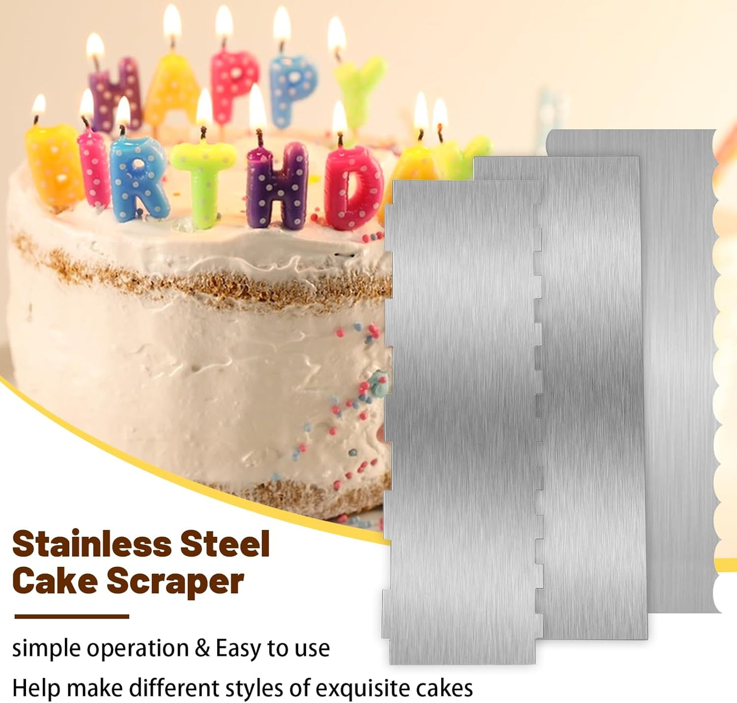 3 Pieces 8.7 Inche Stainless Steel Cake Scraper，Double Sided Patterned Edge Stripe Edge Smoother Scraper Cake Decorating，Cake Decorating Comb Cake Scraper (3, 3)