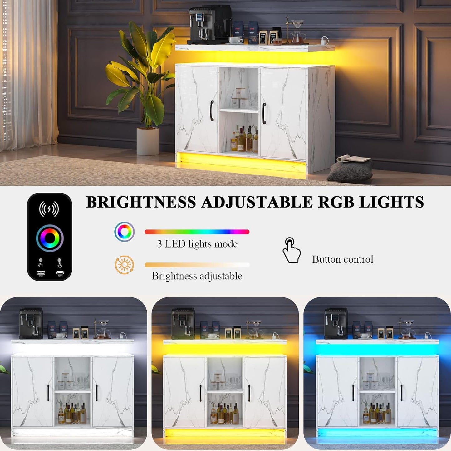 4 EVER WINNER Marble Buffet Cabinet with Storage, Modern Coffee Bar with LED Lights and Charge Station, Sideboard Buffet Cabinets with Adjustable Shelves for Kitchen,Dining Room
