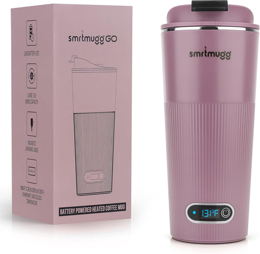 GO Heated Coffee Mug, Travel Mug, 13.5 OZ. Smart Mug, Battery Powered Heated Coffee Mug, Great for Coffee and Tea, Snap on Magnetic Charging Cord, New and Improved (Lilac)