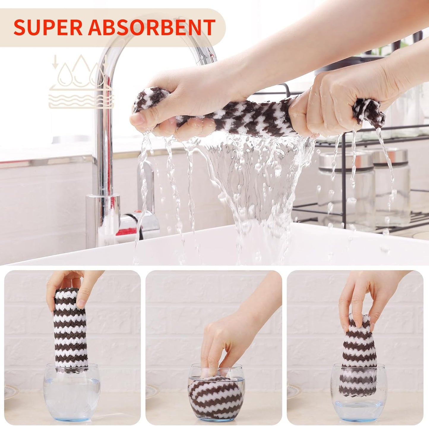 Homaxy Kitchen Towels(12 Pack, 10 x 20 inches), Ultra Soft and Absorbent Dish Towels, Reusable Fast Drying Microfiber Cleaning Cloth, Coral Velvet Wave Design No-lint, Brown