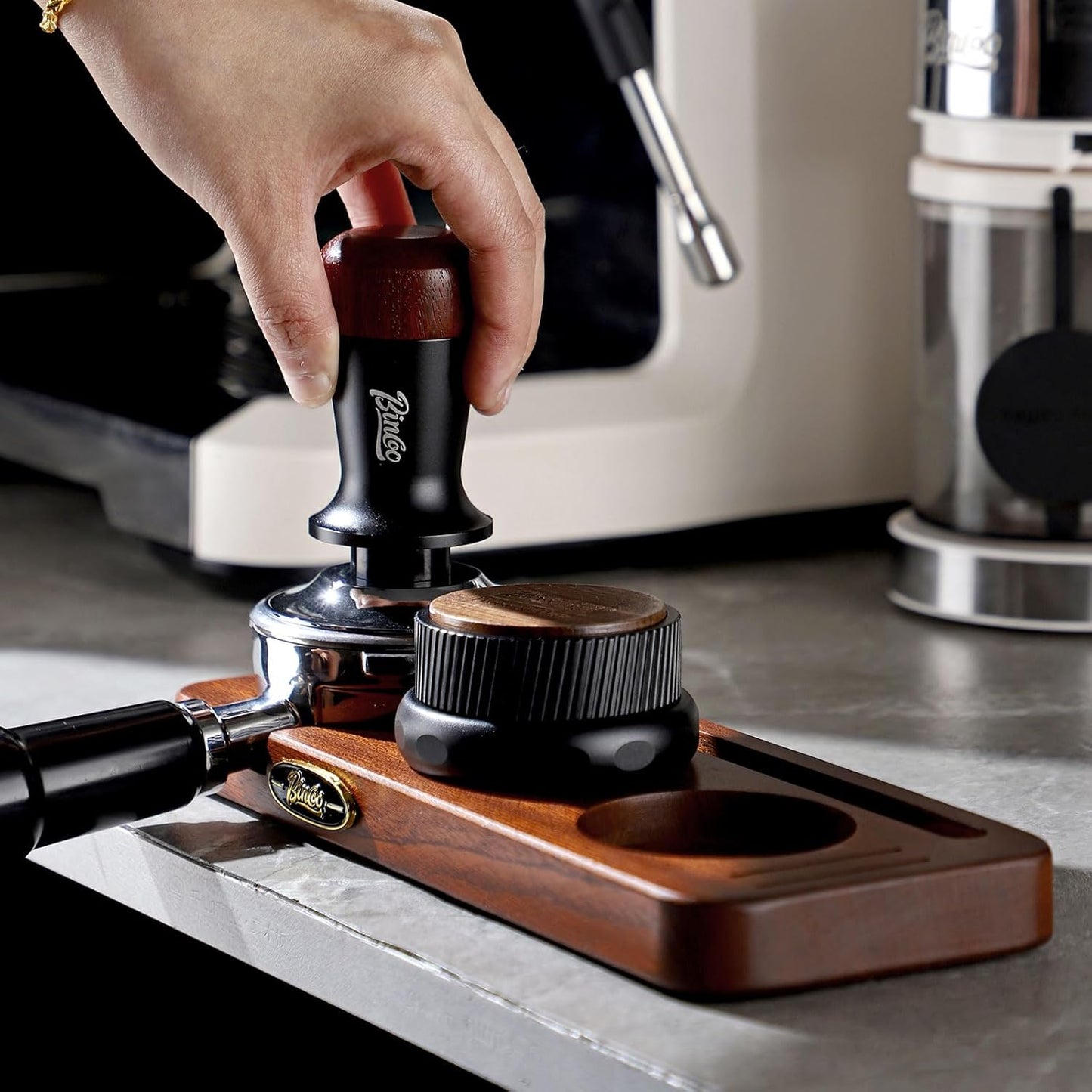 Bincoo 51/53mm Espresso Tamping Station - Sapele Coffee Bar Organizer with Non-Slip Mat, Multi-Slot Design for Counter, Holds Tamper,Distributor, Basket Holder