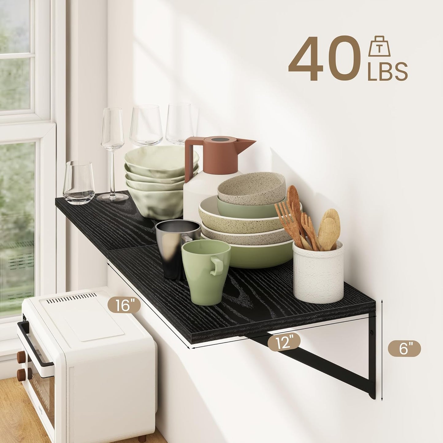 Dreamland Deep Floating Shelves for Wall, Black Floating Shelves, Large Floating Shelf 12 * 16 inch Set of 2 for Bookshelf Living Room Bedroom Home Office Bathroom