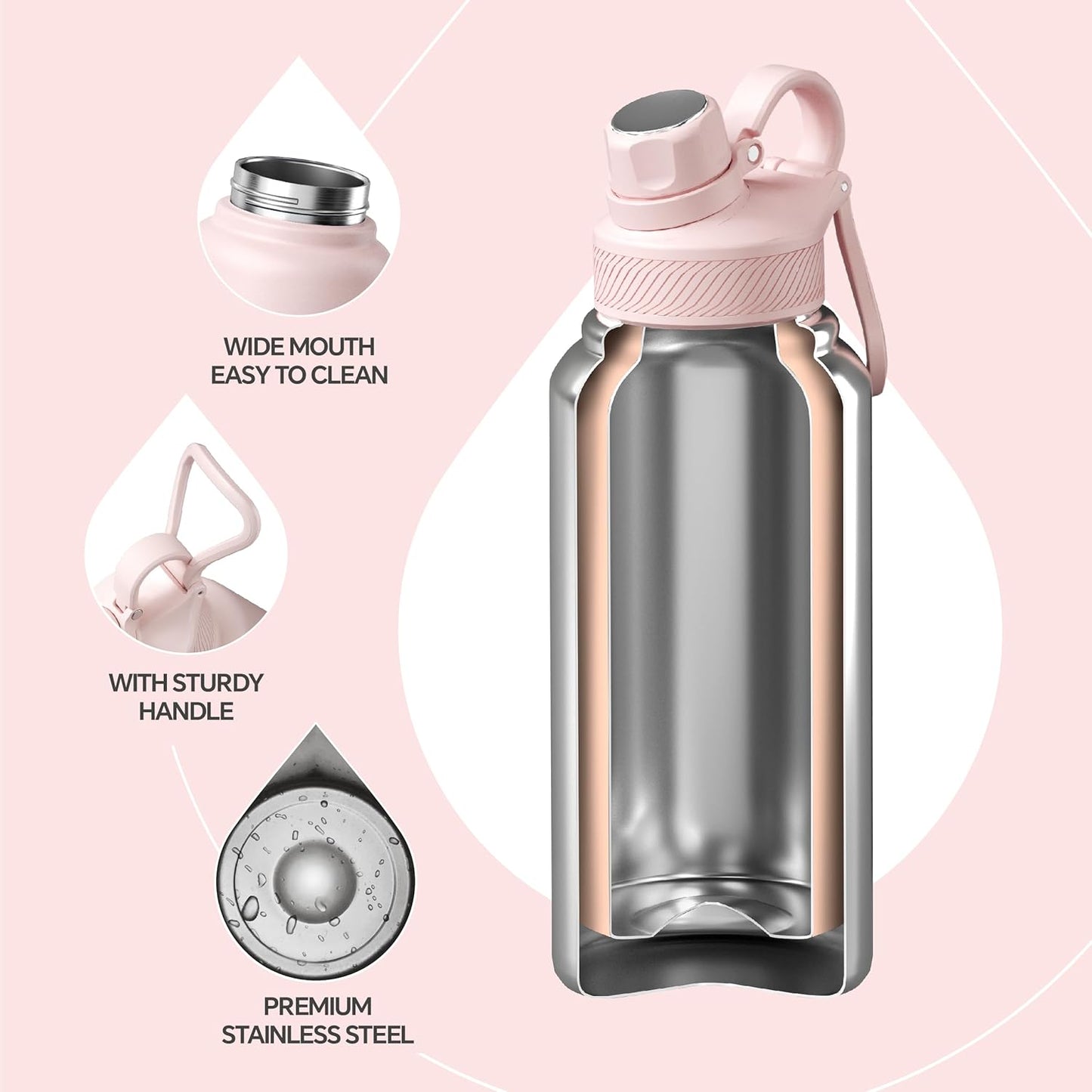 IDEUS Insulated Stainless Steel Water Bottle with 2 Leak-Proof Lids, Thermal Water Flask for Hiking Biking, 32oz, Light Pink
