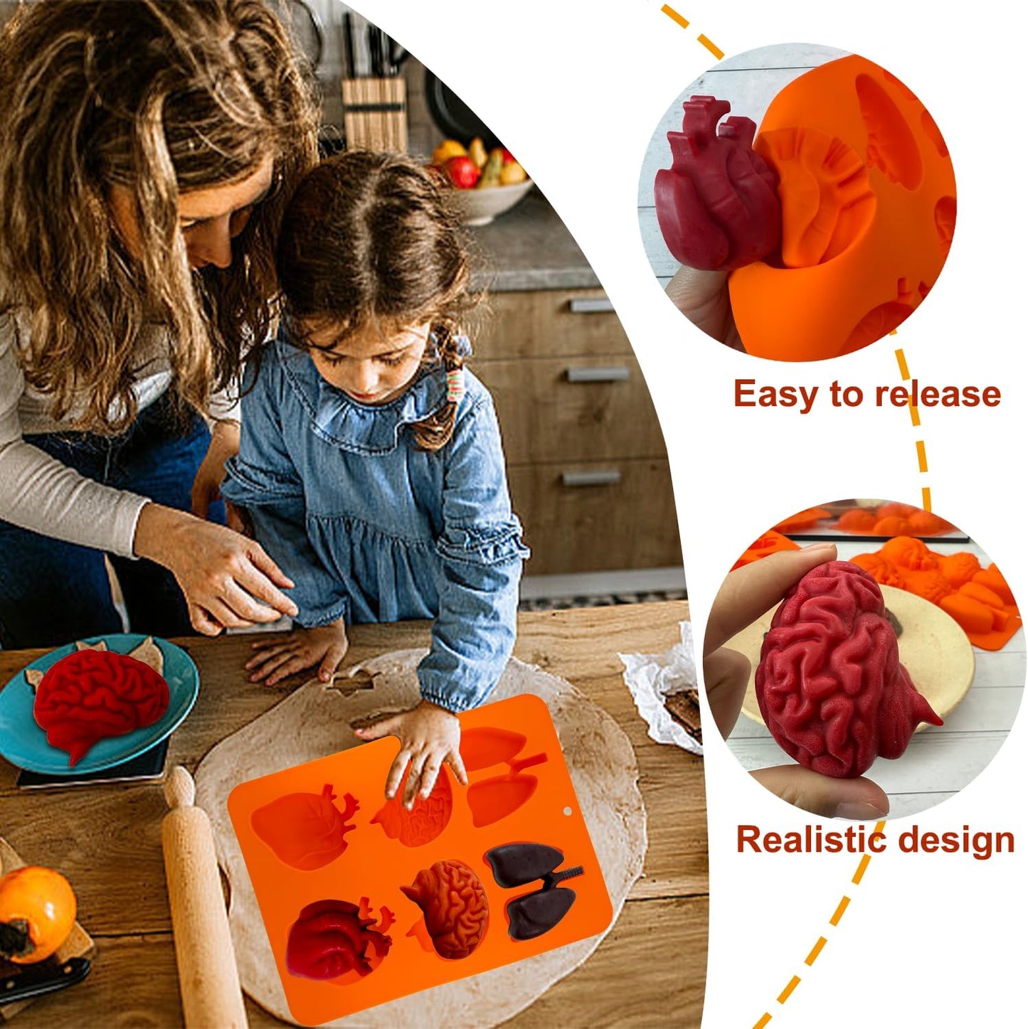 Brain and Heart Cake Mold, 2 Pack Halloween Silicone Molds Human Organ Jello Mold Heart lung Brain Shape Gelatin Chocolate Molds for Halloween Party Baking Mini Cakes Cupcake Muffin Soap Pudding