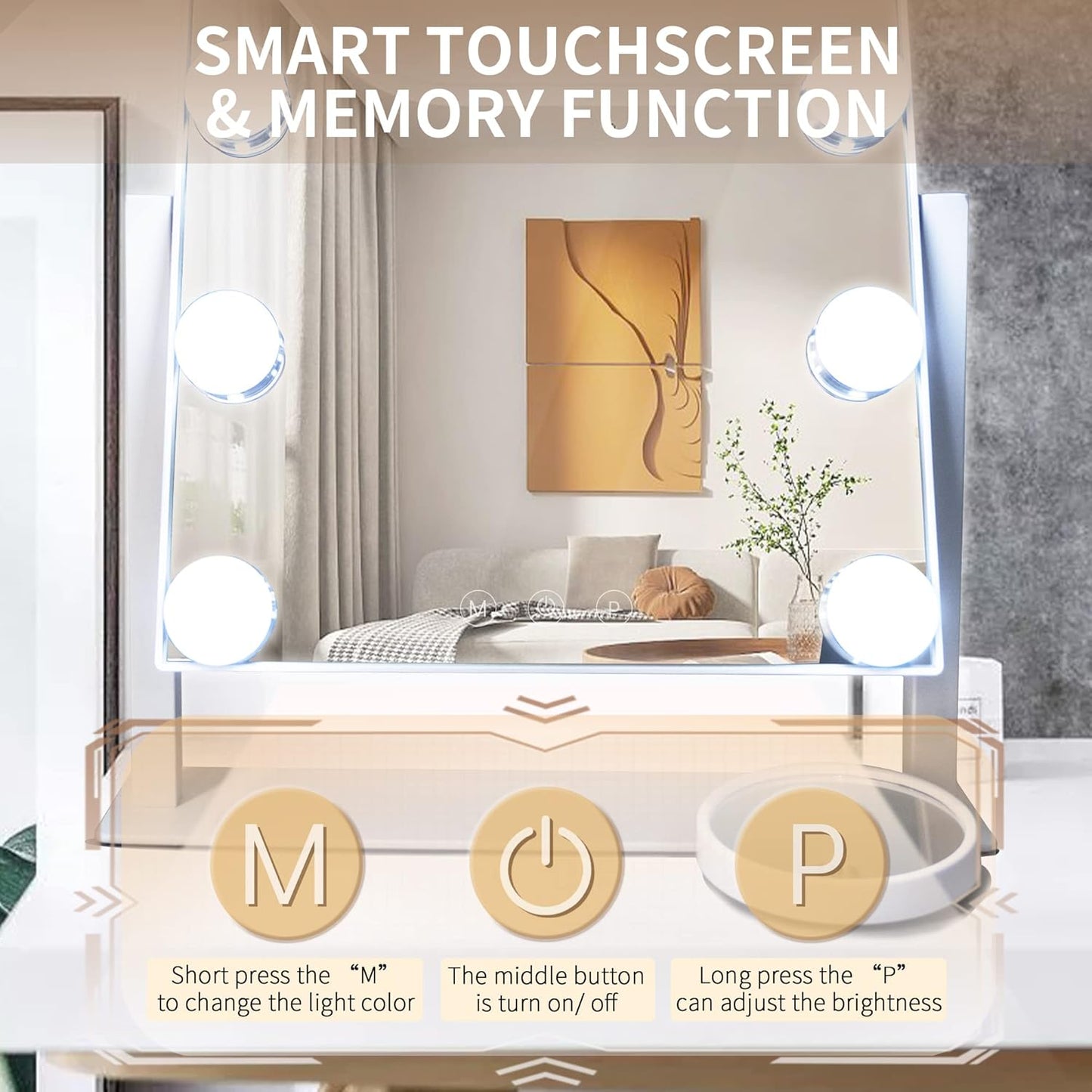 Hollywood Vanity Mirror with Lights, 9 Dimmable LED Bulbs Lighted Makeup Mirror with Detachable 10X Magnification Mirror, 1200mAh Rechargeable, 3 Color Lights, Gifts for Women Mom Teen Girls