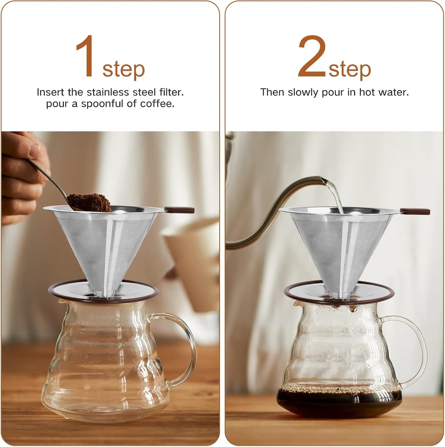 Pour Over Coffee Dripper，Reusable Stainless Steel Drip Cone Coffee Filter, Update Double Ultra Fine Micro Mesh Filter, Professional Paperless Drip Brew Coffee Cone Maker with Cup Stand,1-4 Cup