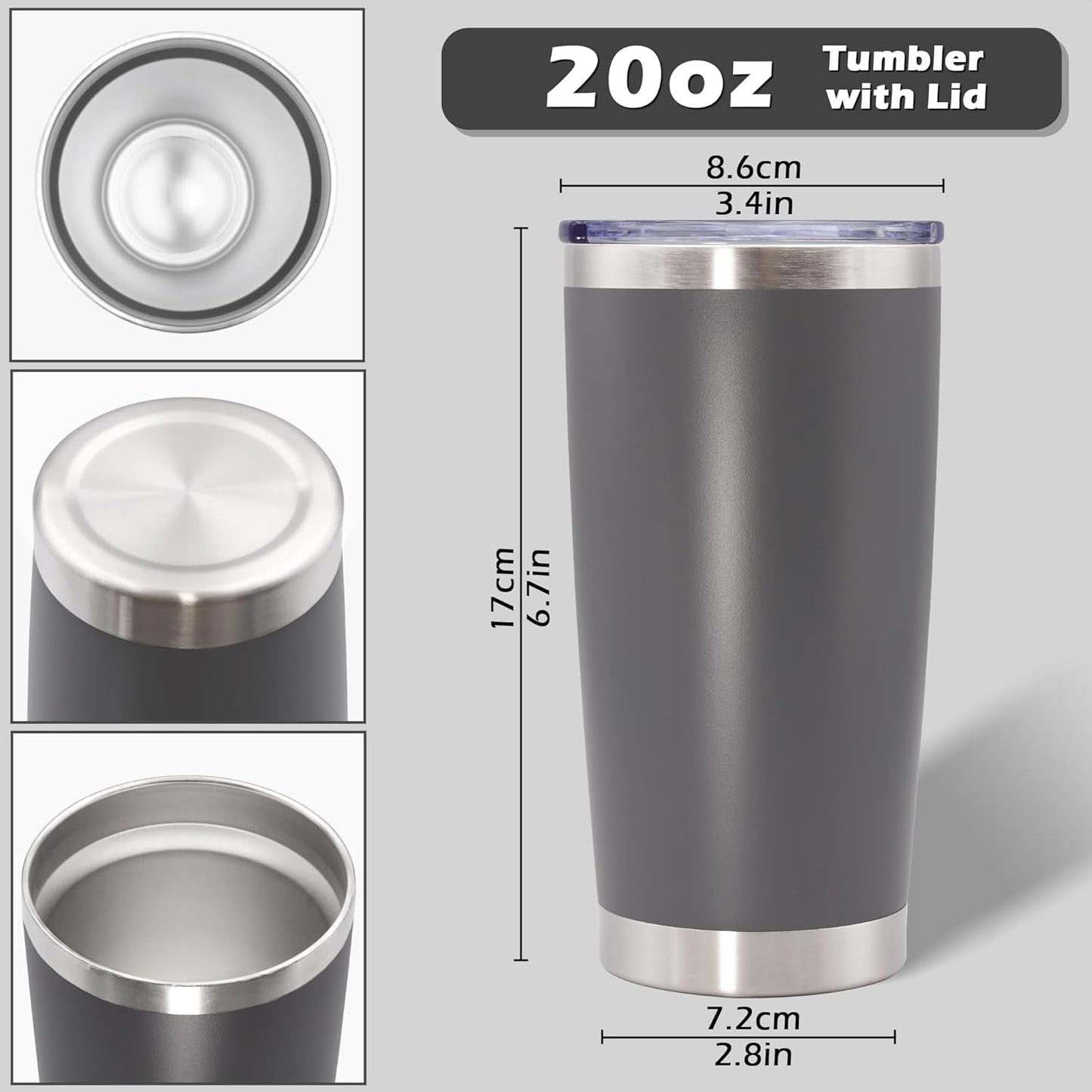 20oz Tumbler Bulk Stainless Steel Tumblers with Lid Vacuum Insulated Double Wall Travel Coffee Mug Powder Coated Tumbler Cup for Hot and Cold Drinks(Grey, 12 pack)