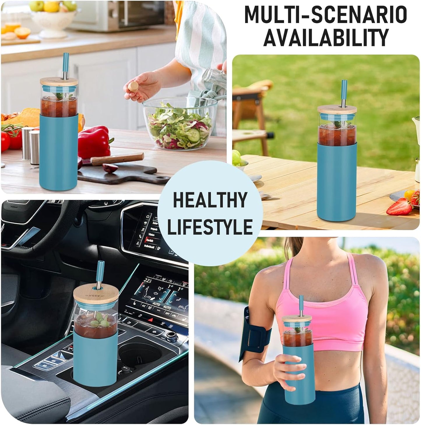 Glass Tumbler w/Lids & Straw: 24 oz Reusable Glass Cup w/Bamboo Lid, Stainless Steel Straws, BPA-Free, Leak-Proof, Dishwasher Safe for Coffee/Smoothies/Hot Beverage, Travel/Office/Home Use, 2-Pk