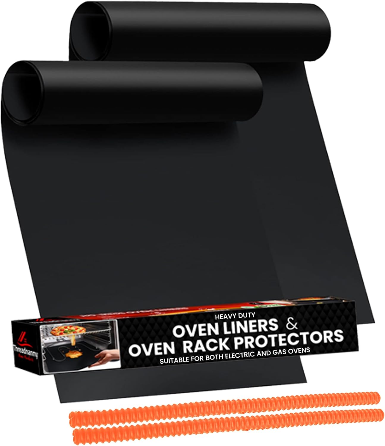 Oven Liners for Bottom of Oven Black (2-pack) Bundled with Rack Shield (2-pack) - Large Mat for Bottom of Range (17"x 25") and 22" Orange Stove Guards for Racks - Reusable & Heat Resistant