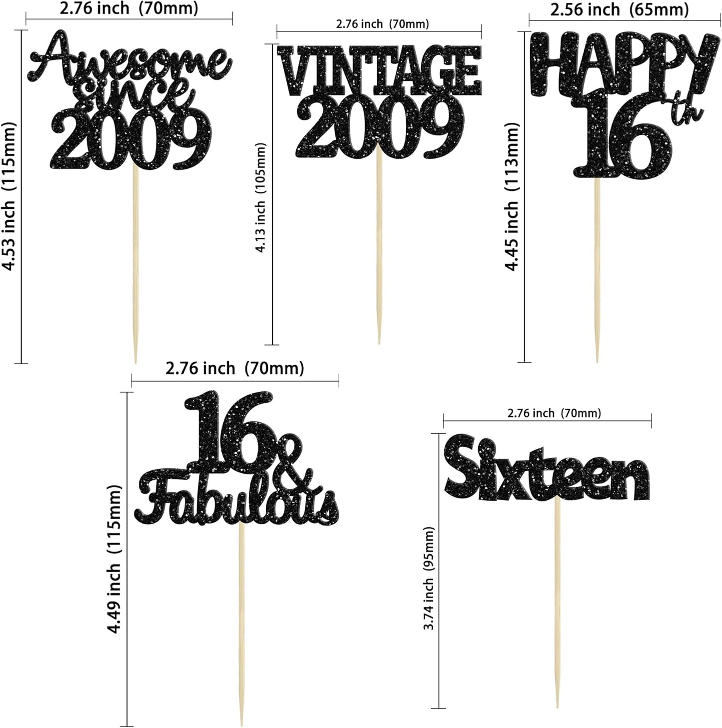 Gyufise 30Pcs Vintage 2009 Cupcake Toppers Glitter Sweet 16 Happy 16th Birthday Cake Decorations for Happy 16th Birthday Fabulous Anniversary Party Supplies Black