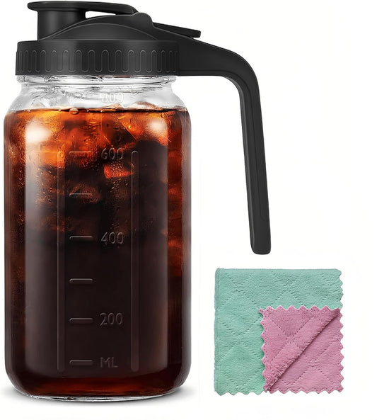 32oz Glass Pitcher Carafes With Handle and Lid, 1 Quart Mason Jar, Large Water Jug, Glass Containers for Fridge, Water Pitcher for Juice, Iced & Sun Tea, Cold Brew Coffee, Homemade Beverage
