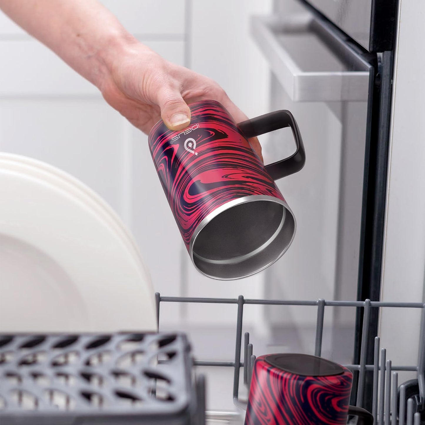 Ideus Vacuum Insulated Coffee Mug, 16oz Reusable Stainless Steel Thermal Double Walled cup with Handle and Slider Lid for Hot & Cold Beverages, BPA Free (Red Zebra)