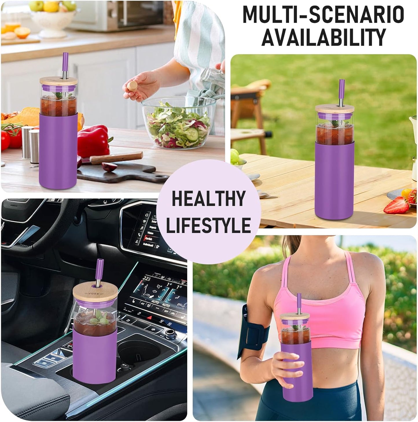 Glass Tumbler w/Lids & Straw:24oz Reusable Mug w/Bamboo Lid & Stainless Steel Straw-BPA-Free, Leak-Proof,Dishwasher Safe for Coffee,Smoothies, Hot Beverages, Travel, Office, Home Use,4-PK