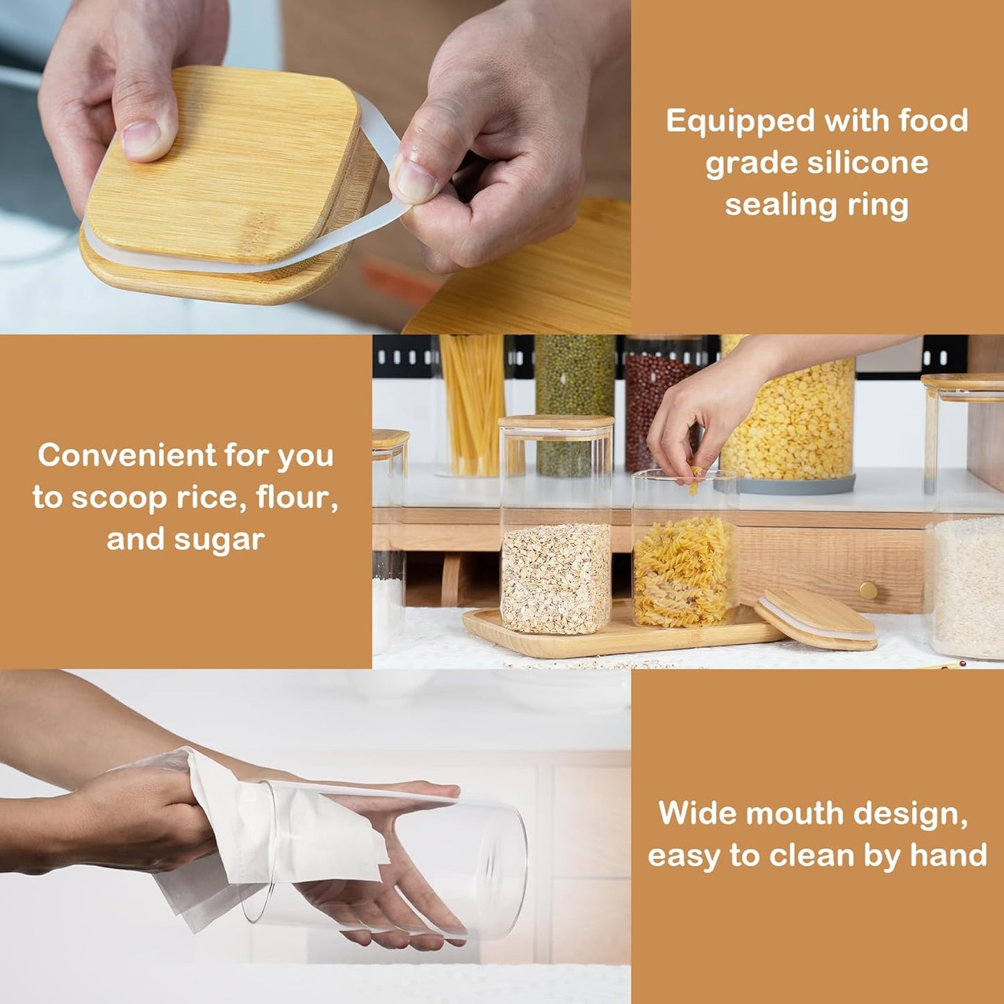 122oz Airtight Glass Square Storage Canister with Bamboo Lid Set of 2(3600ml*2) Large Storage Container Gallon Glass Jars, for Sugar, Flour, and Coffee bean (with Black Lable)