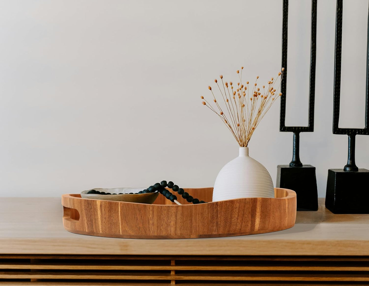 Acacia Wood Serving Tray with Handles, Round-12.6inch Perfect for Breakfast, Lunch, Dinner, Food Snacks Drinks for Coffee Table,Decorative Ottoman Tray for Living Room Kitchen, Bedroom