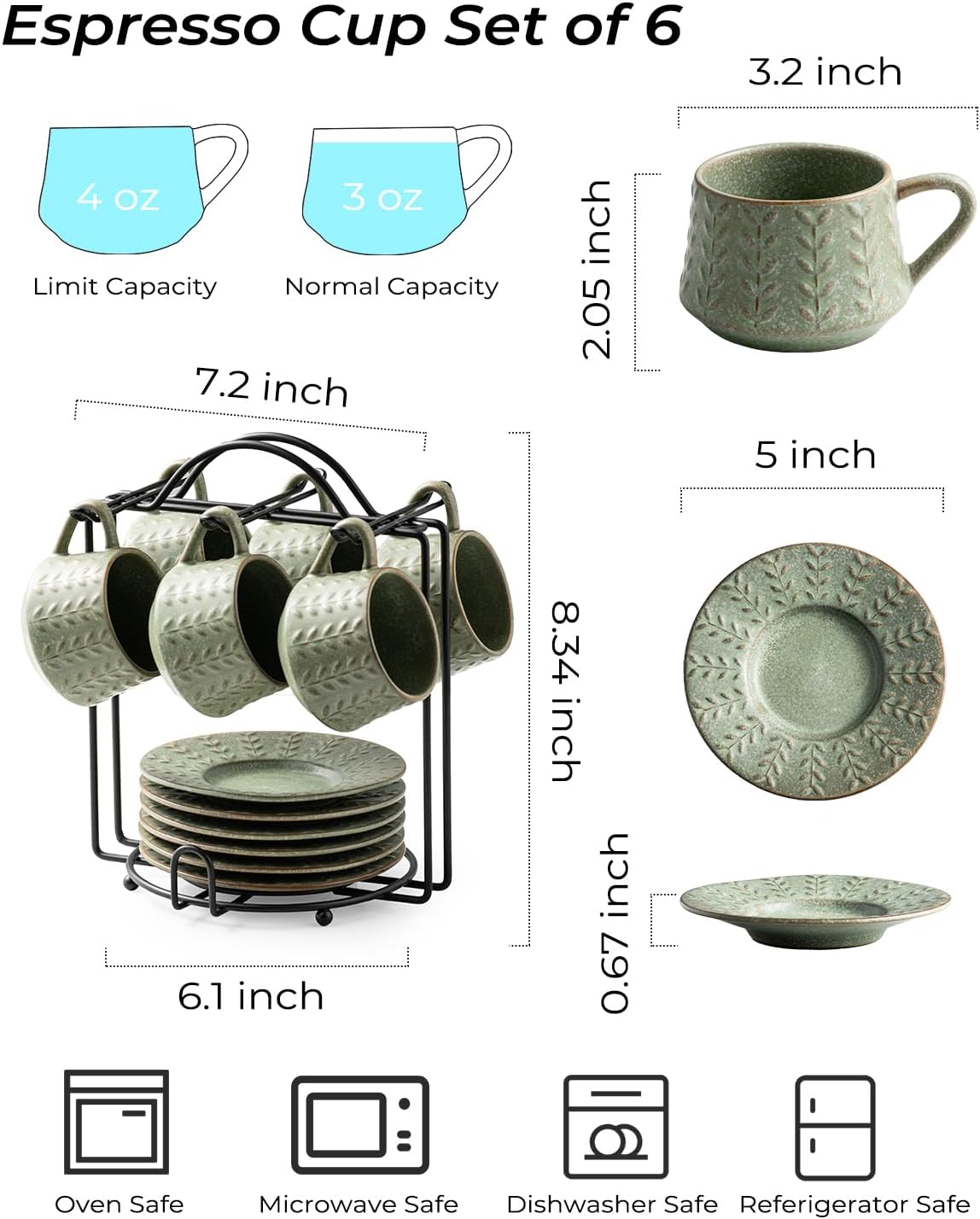 Espresso Cups Set of 6, 4 oz Demitasse Cups with Saucer and Metal Stand Small Coffee Cup Set, Porcelain Cappuccino Cups for Latte, Cafe Mocha and Tea, Green