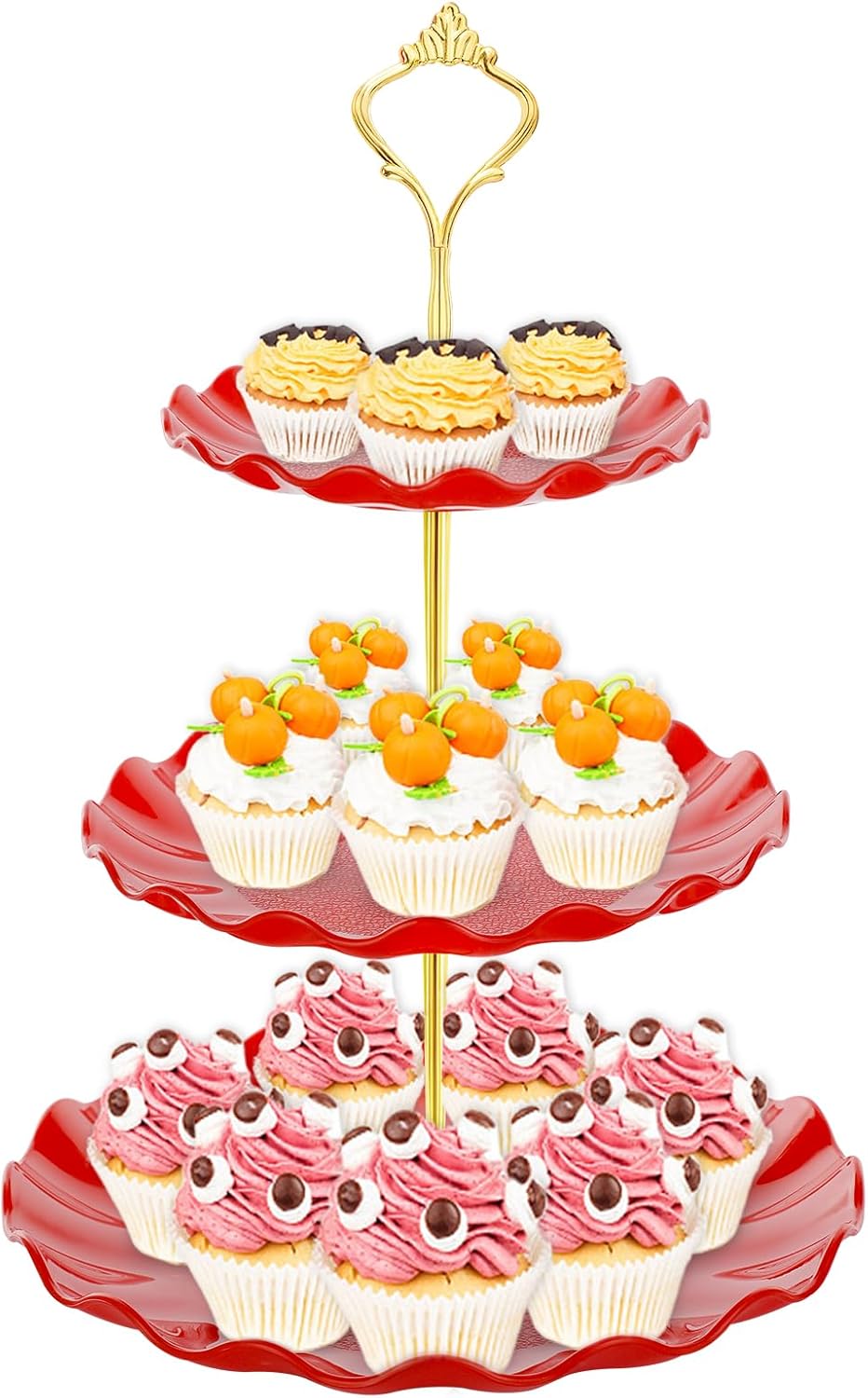 3 Tier Cupcake Stand Holder, Plastic Cup Cake Stand Tower with Tiered Serving Tray for Cupcakes, Donuts, Fruits and More, Red