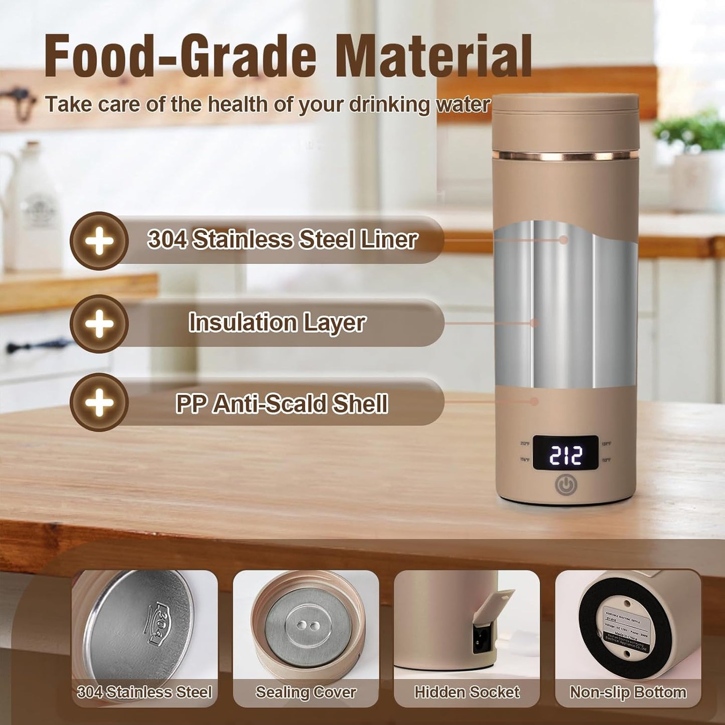 Travel Electric Kettle Portable Mini Kettle,Small Hot Water Boiler with 4 Temperature Settings,304 Stainless Steel, Fast Boiling Water with Auto Shut-Off and Boil Dry Protection,400 ml (Brown, 400ML)